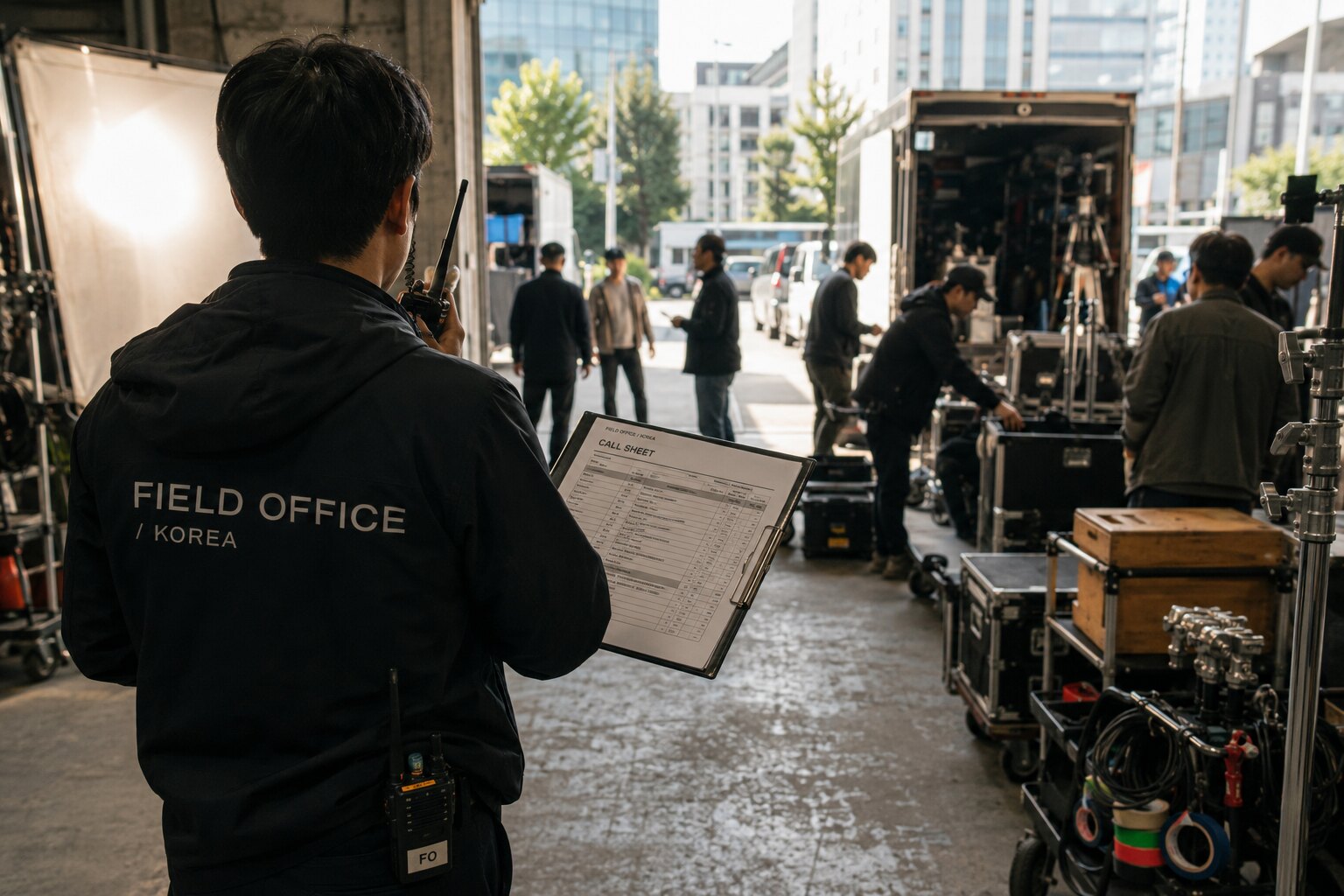 Production lead coordinating crew and equipment from an active set in Korea