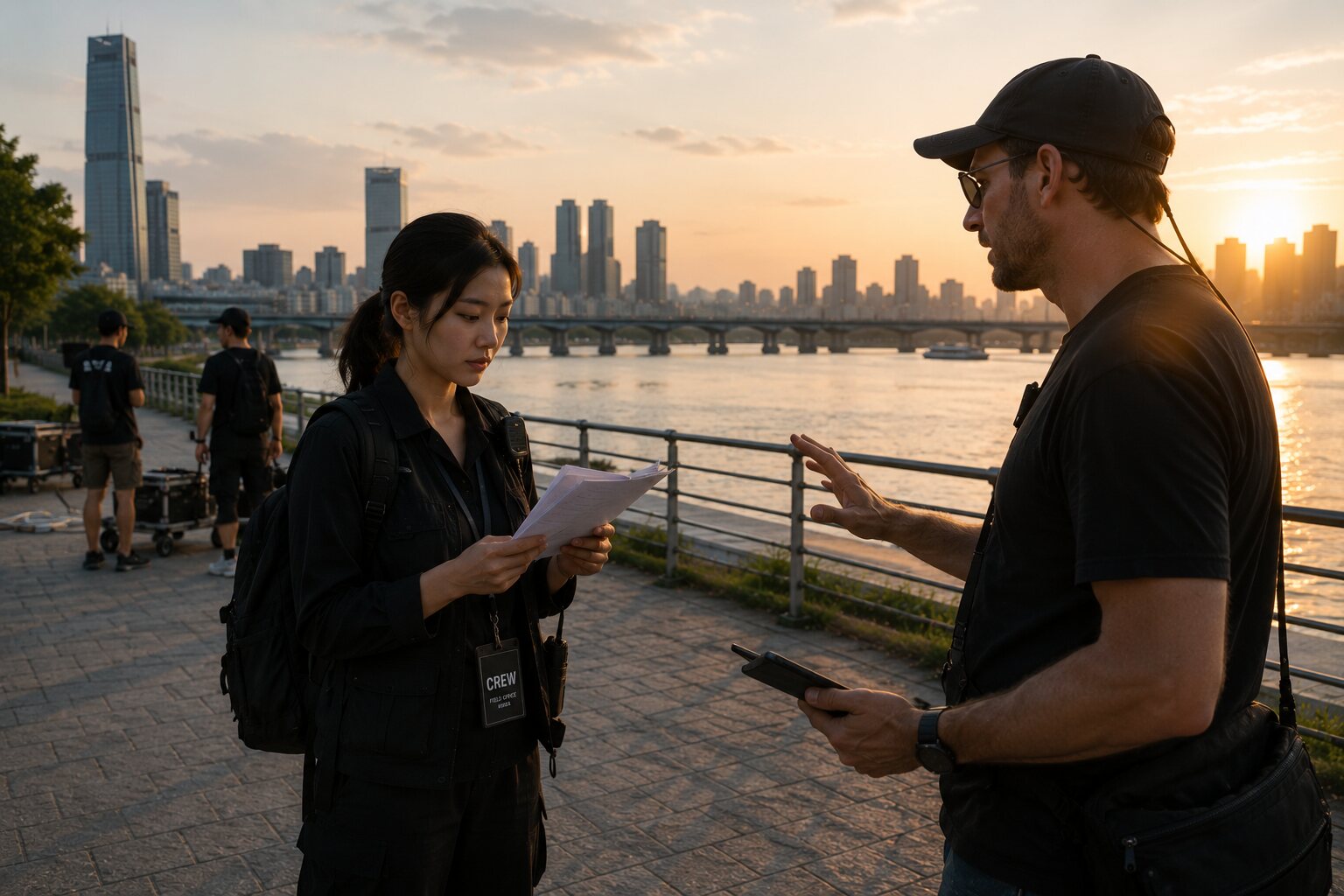 Field producer reviewing location plans with a visiting producer beside the Han River