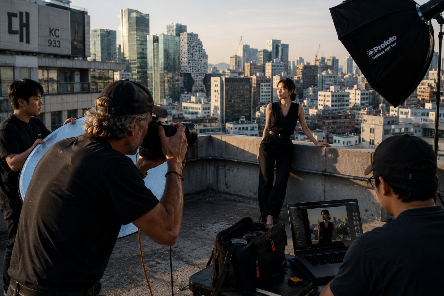 Photographer and production crew shooting a rooftop portrait in Seoul