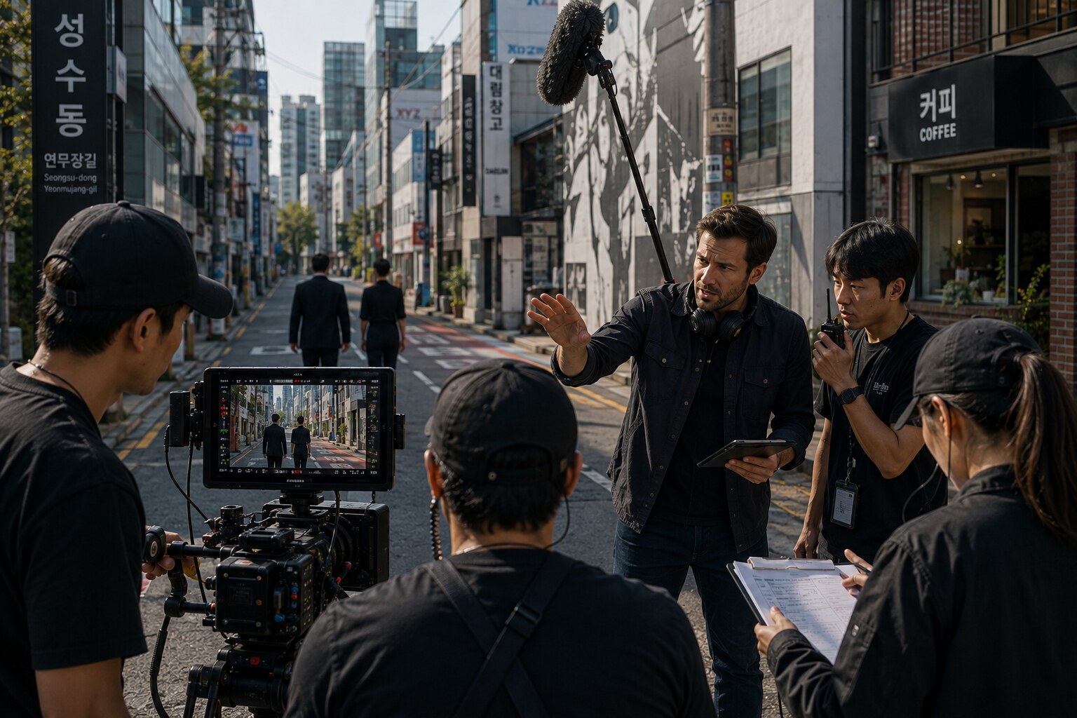 Film crew and production lead coordinating a street shoot in Seongsu-dong, Seoul
