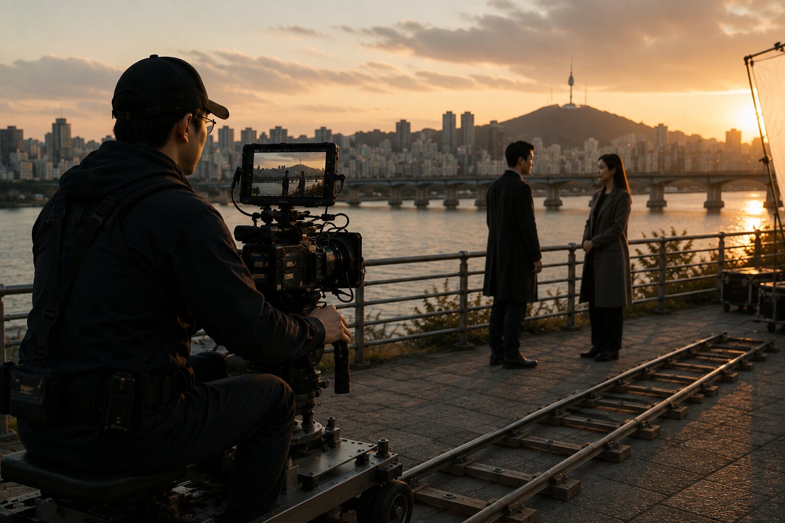 Camera crew filming two contributors beside the Han River at sunset